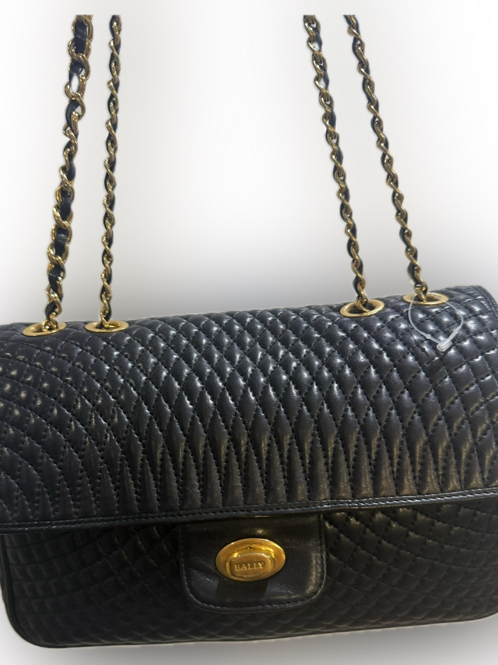Bally Black Quilted Lambskin Flap Crossbody Bag with Gold Chain Vintage